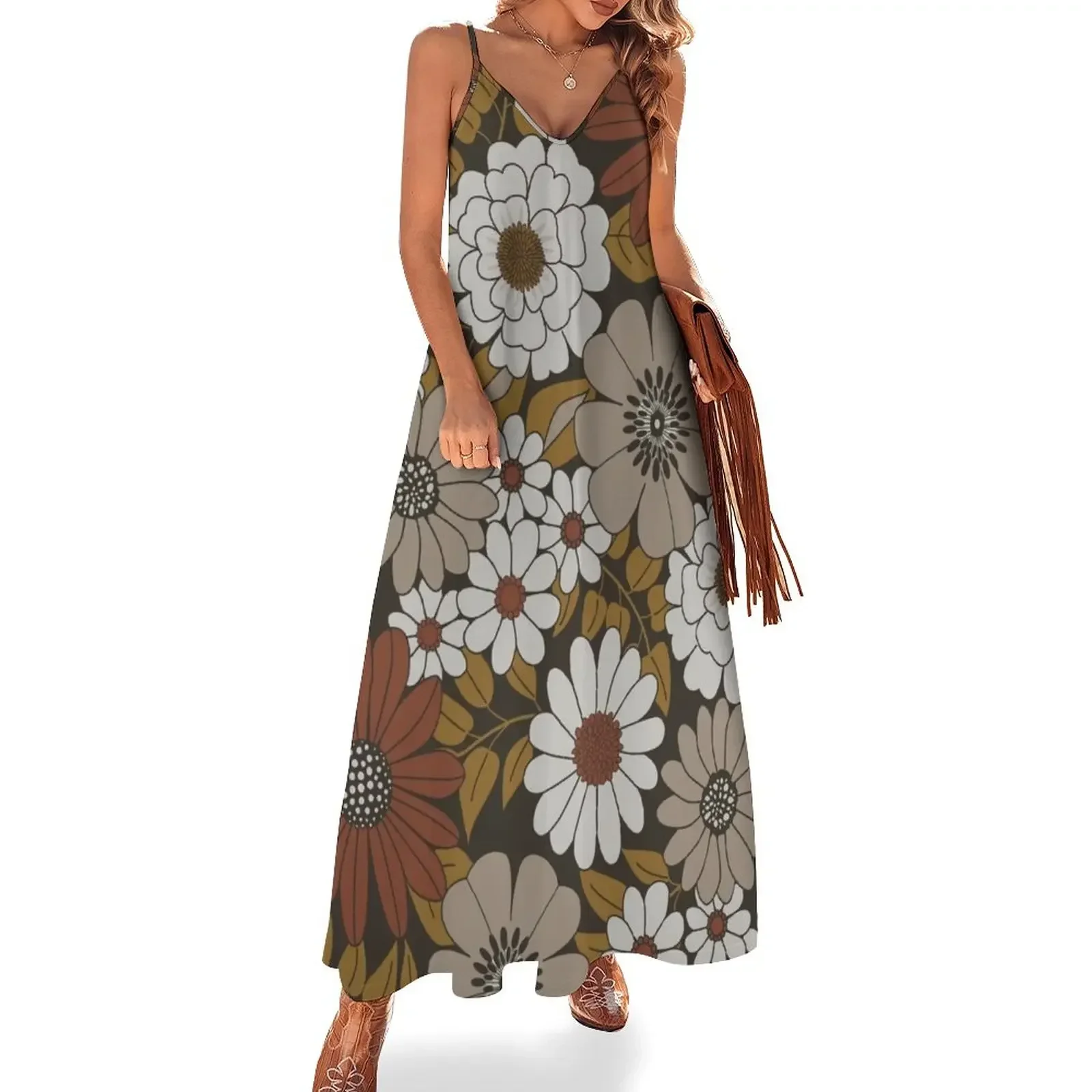 

Brown, Orange, and Ivory Retro Flower Pattern Sleeveless Dress luxury dress summer dress women 2025