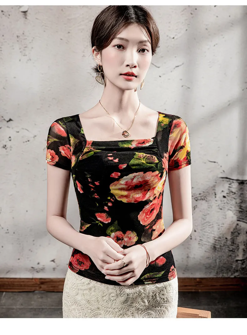 MadBlack-Women's European T-Shirt, Sexy Square Collar Print, Streetwear Short Sleeve Slim Mesh S-3XL Tee, 2025 Summer T56709CC