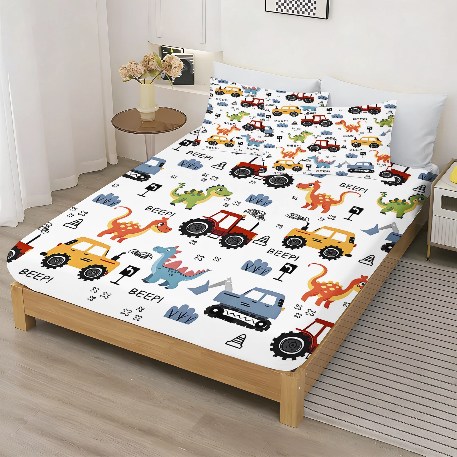 Car Fitted Sheet Engineering Vehicle Transportation Cartoon Pillowcase Fairy Tale Bed Cover With Elastic Skin-Friendly