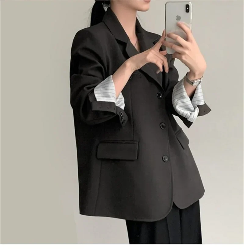 ポップポップファッション春カジュアルルーズ女性のスーツジャケット女性オフィス長袖ノッチ襟ボタンブレザーシックな通勤ワーク