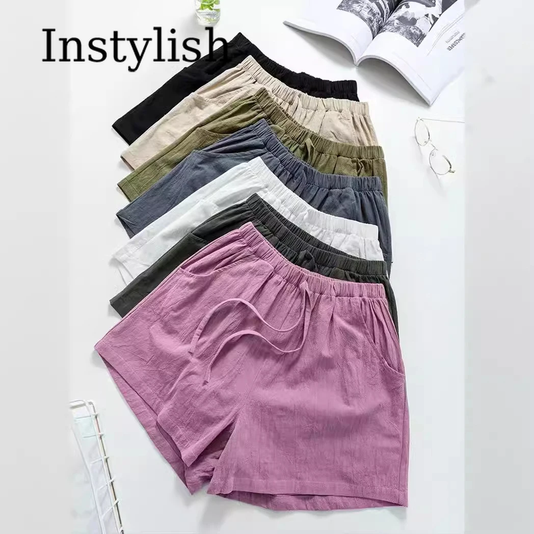 

Women's Thin Cotton and Linen Shorts New Summer High Waist Casual Sports Shorts Women Solid Color Pocket Loose Beach Hot Shorts