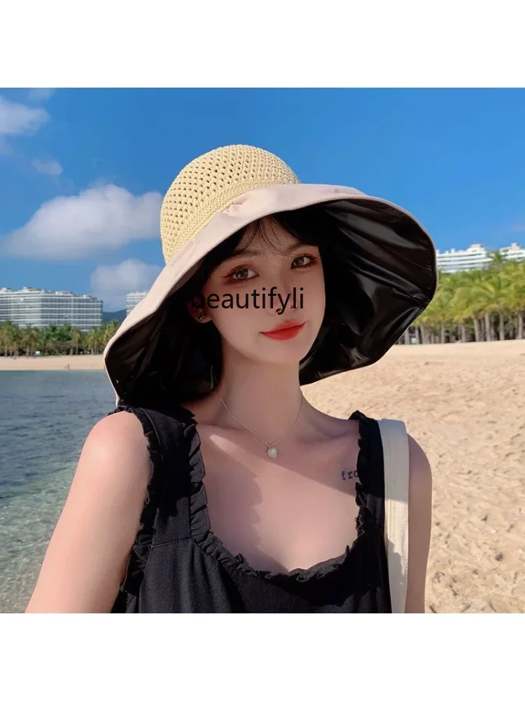 yj  Sun Protection Hat Summer Uv Protection Face Cover Sun Hat Big Hat Brim Black Glue Topless