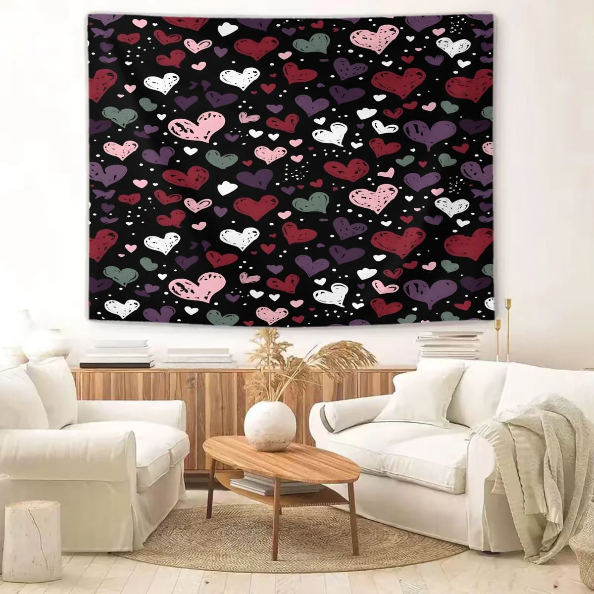 

Черный гобелен с разноцветным узором в виде сердец: стильный декор с рисунком сердец в стиле ручной работы, эклектичный шарм для современных, ярких интерьеров