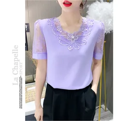 Spring And Summer New Chiffon Shirt Ladies Short Sleeve Fashion Blouse Loose Joker T-shirt Ladies Slim Solid Color Simple Top