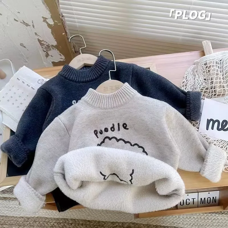 2024 autumn and winter thick one-piece velvet sweater, semi high neck Boy's baby pullover boys' fashionable sweater base sweater