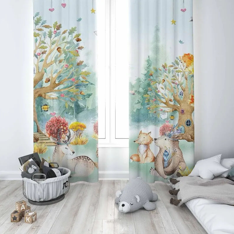 Woodland Animals Nursery Curtain Kids Bedroom Curtains Black Out Nursery Decor Baby Room Bedroom Living Room Curtains