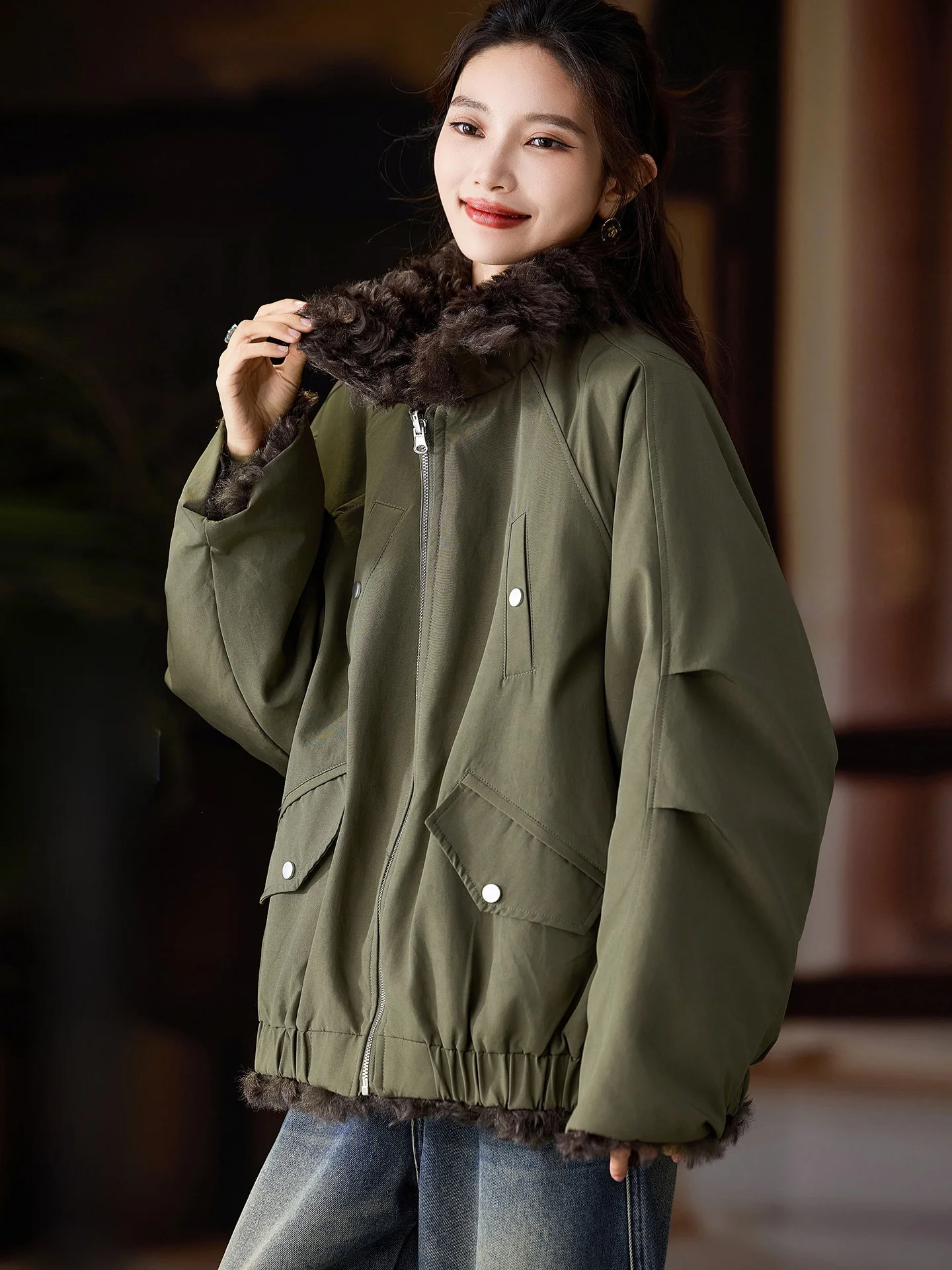 

Fce Lined Double Sided Wear Street Sle Women's Coat Large Size Loose Fit Long Sve Zipper Closure Pure Color Winter Ja...