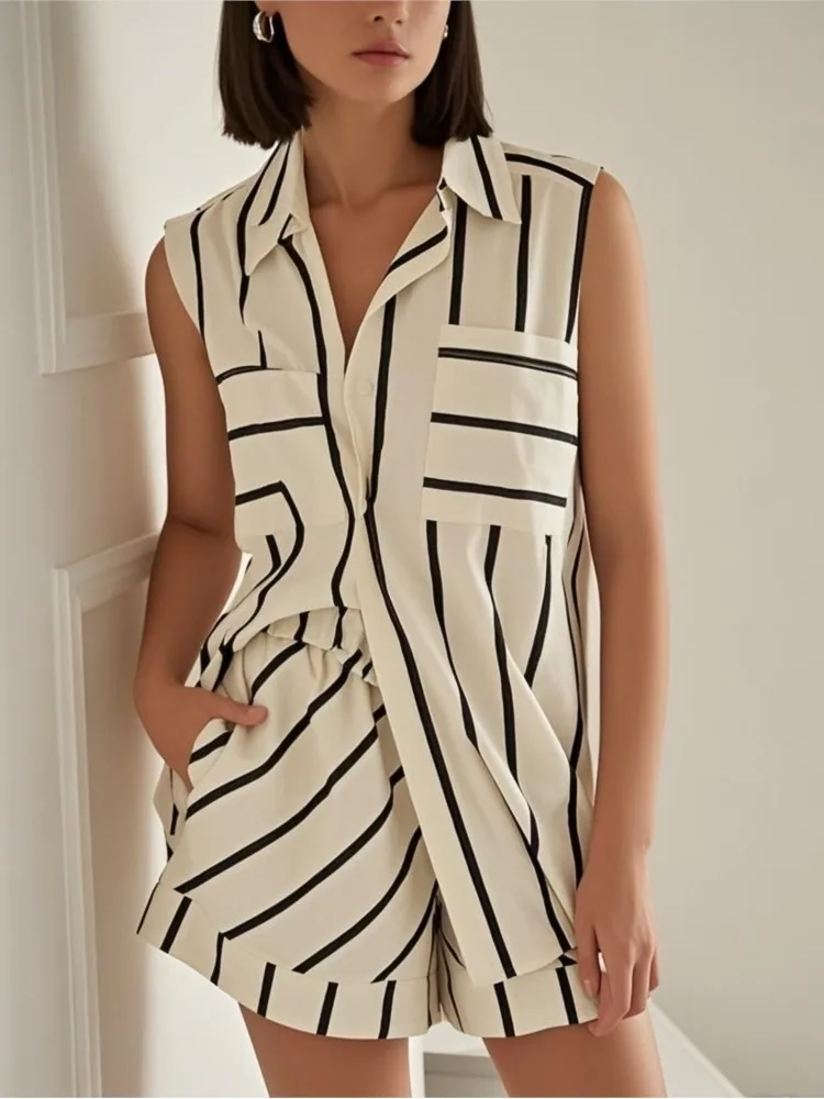 

Женские модные комплекты из двух предметов в полоску с принтом, рубашка на пуговицах без рукавов + шорты, летние повседневные свободные пляжные наряды для отдыха, женские