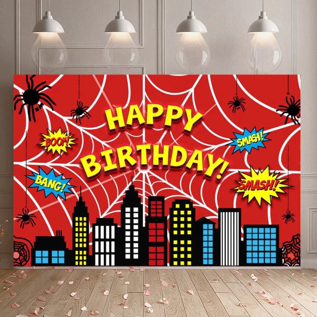 Spider Themed Happy Birthday Backdrop Banner Party Urban Cityscape Decoration Background Red Web Spiders Celebration Wall Decor