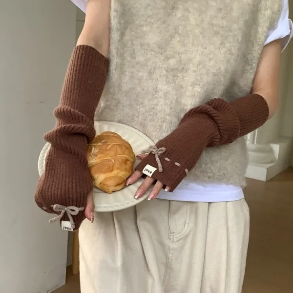 Korean Style Ins Color Matching Knitting Oversleeve Long Autumn and Winter Warm Arm Protection Long Half Finger Knitting Gloves