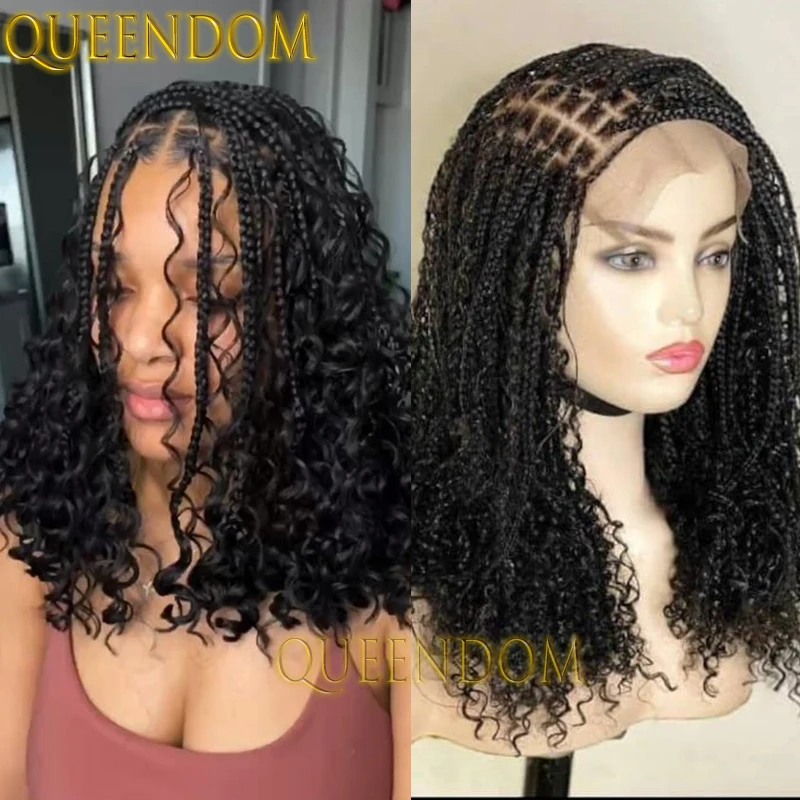 

Синтетический короткий парик с богемными косами 12-дюймовый плетеный парик из косички с вьющимся концом 360 Полный парик с кружевной косой для чернокожих женщин