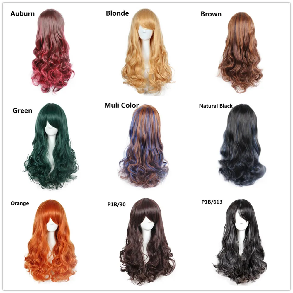 Long Wave Cosplay Wig Black Purple Pink Sliver Gray Blonde White Orange Brown 23 Colors Synthetic Hair Wigs