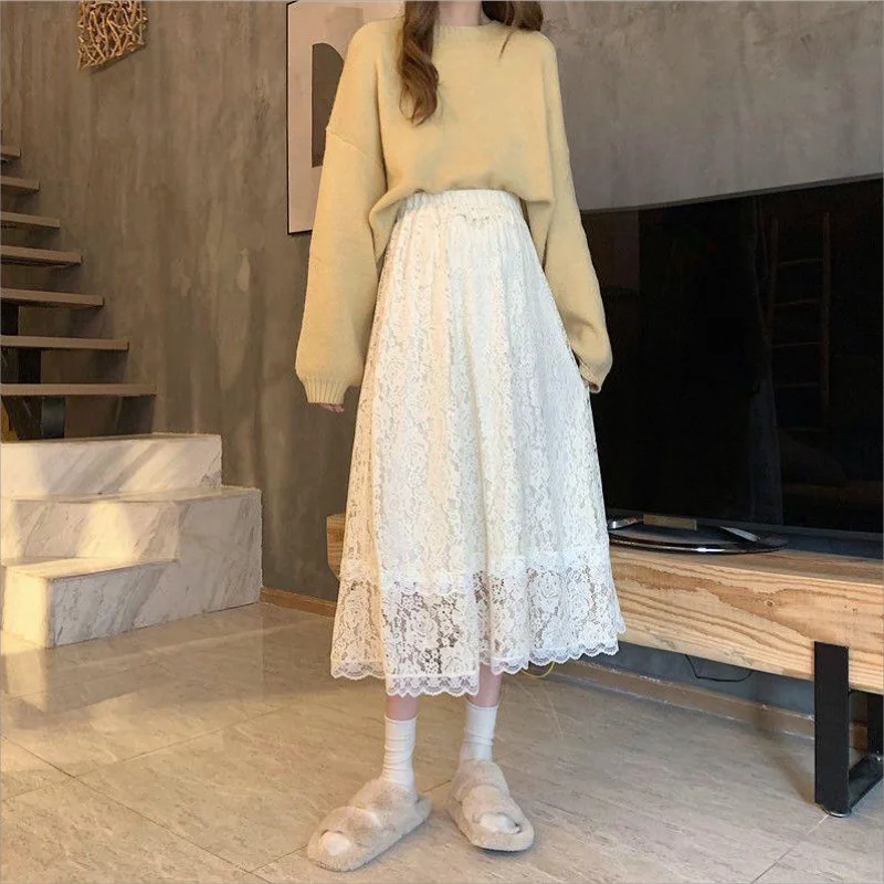 

Hollow Out Lace Skirt for Women 2023 Spring Summer Korean Elegant All-match A Line High Waist Midi Long Skirt Female Lady