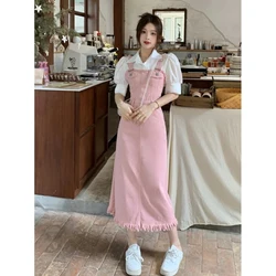 Tassel Denim Strap Dress Spring Summer Women Slim Waist closure Suspender Long Jeans Dresses Hong Kong Retro Overalls Dresses