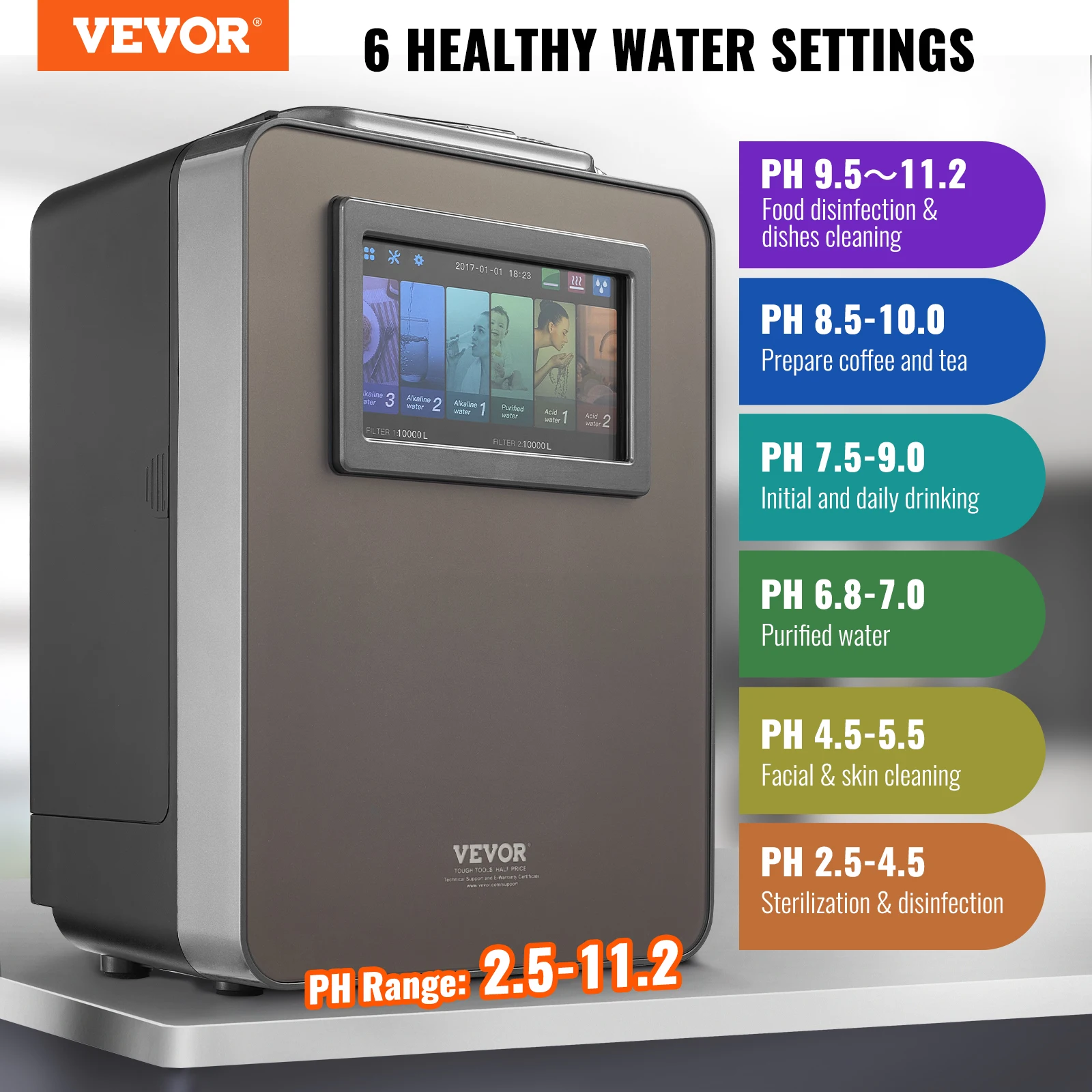 VEVOR-máquina ionizadora de agua alcalina pH 2,5-11,2, 6 ajustes de agua, sistema de filtración para el hogar hasta-850mV ORP 10000 L por filtro