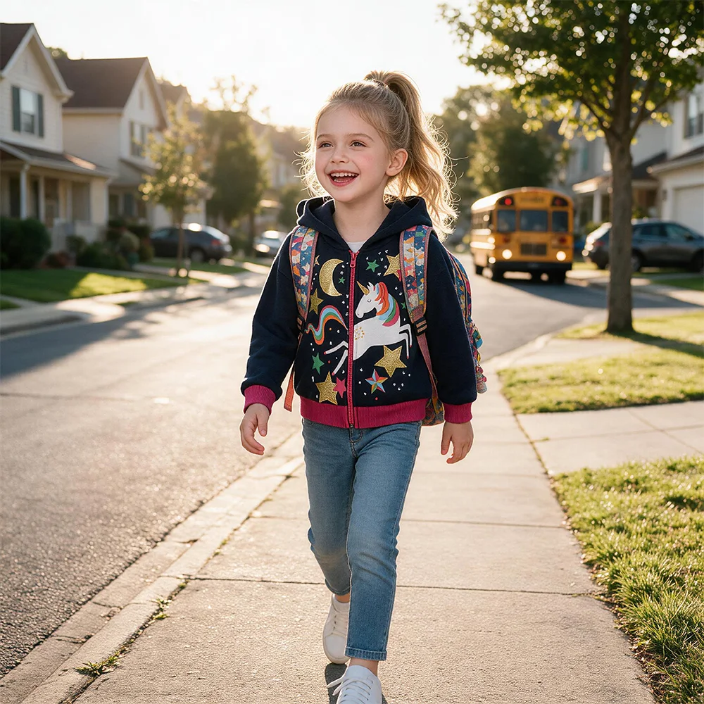 Girls Unicorn Hoodies Zip Up Jacket Kids Navy Blue Cuffs Sweatshirt Streetwear Fall Winter Sports Casual Cotton Coat Outfits
