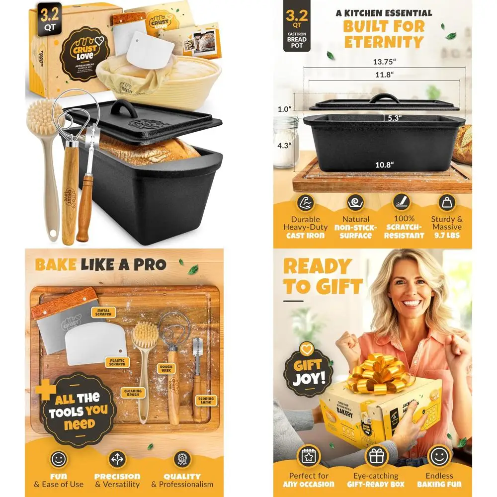 

Cast Iron Dutch Oven for Bread Baking - 3.2 Quart Sourdough Bread Pan for Homemade Bread Recipes