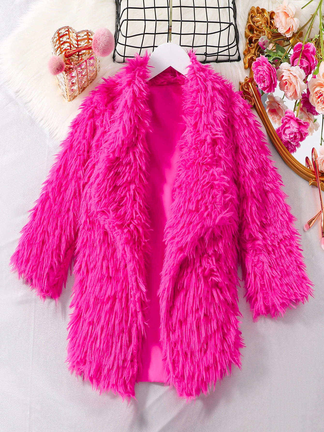 Autumn/Winter Faux Fur Solid Color Long Sleeved Top Romantic And Fashionable Big Collar Children Korean Version Cardigan Jacket