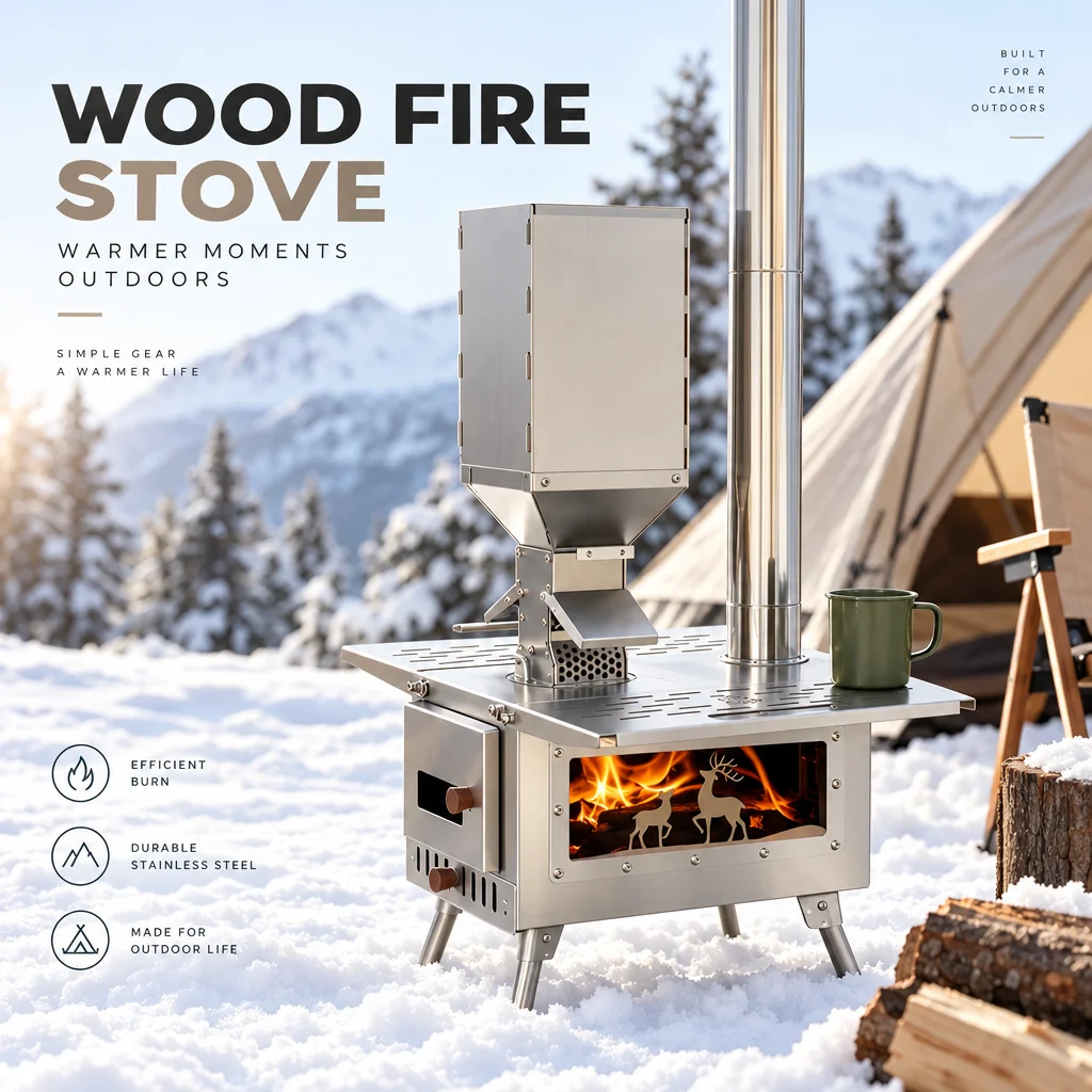 Portable Fire Wood Stove Stainless Steel Outdoor Camping Stove with Chimney / Burner for Camping, Cooking, and Heating