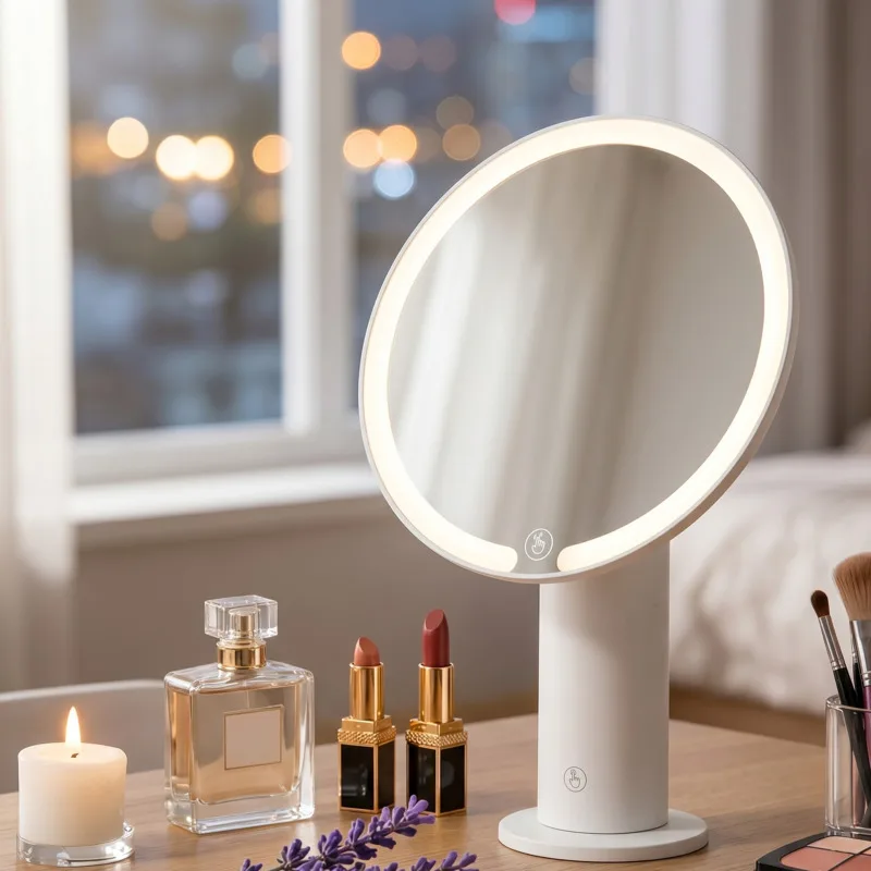 

Трехцветное LED-зеркало для макияжа с сенсорным управлением, регулировкой яркости и HD-качеством изображения, для использования на столе в общежитии или спальне, подарок для женщин и подростков