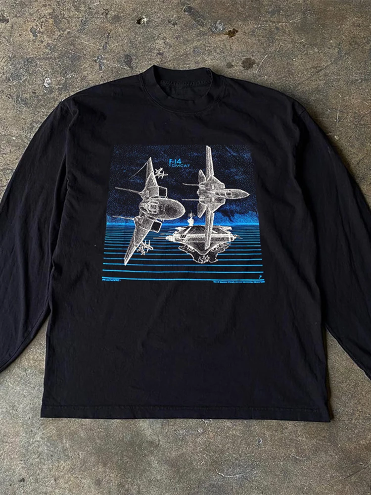 Loose Long Sleeve T-Shirt F14 Fighter Jet Oldschool Design Men's BF Style Cotton Casual Youth Trendy Cotton Tee for Spring