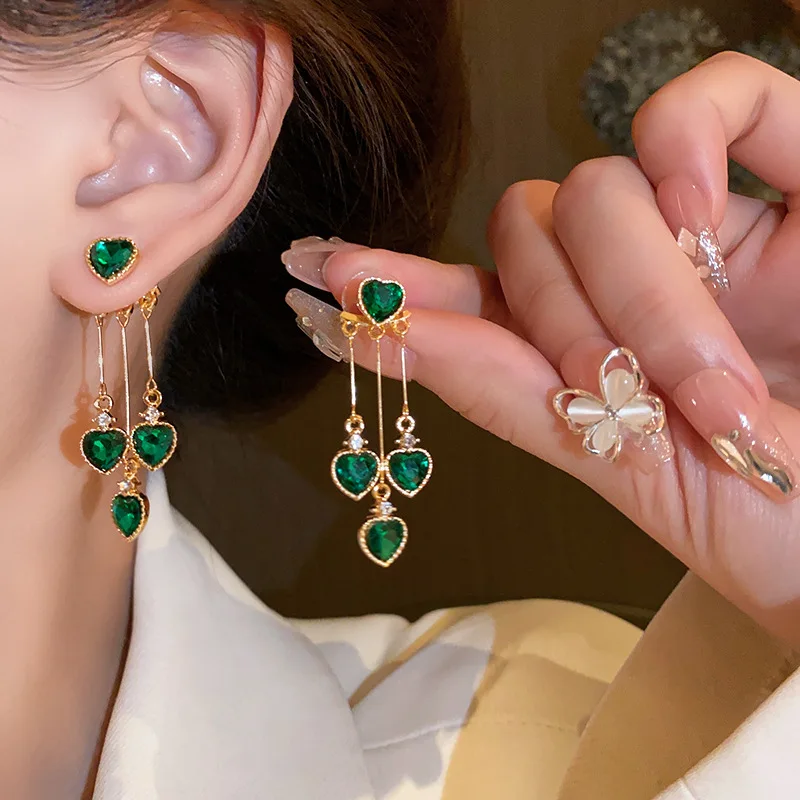 Fashion Trend Unique Design Elegant Delicate Light Luxury Green Zircon Heart Tassel Earrings Women Jewelry Party Premium Gift