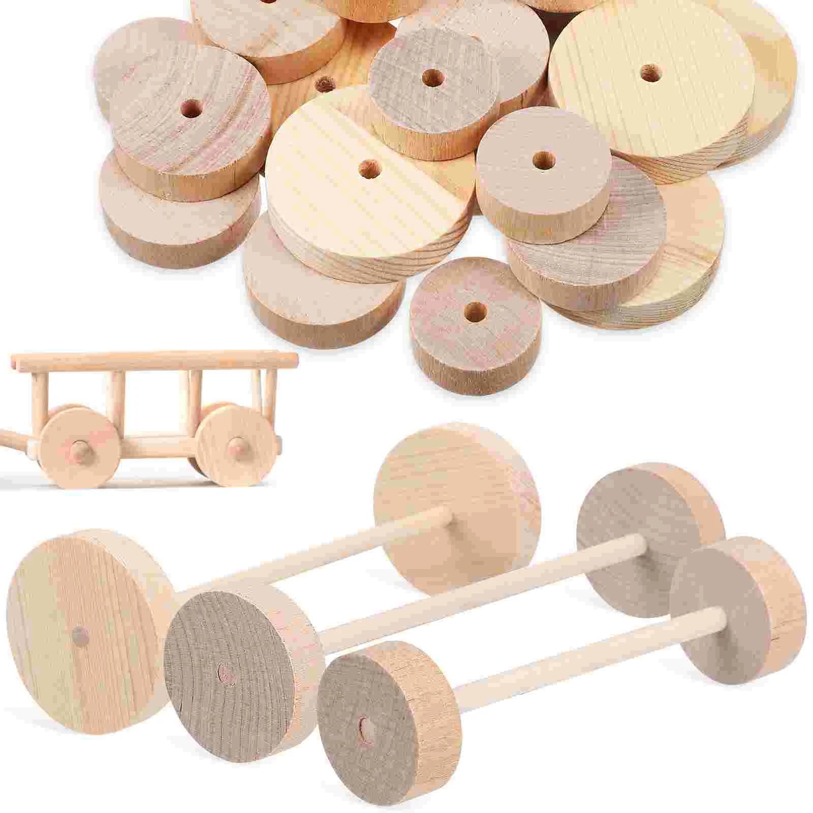 Wooden Wheel and Stick Set Unfinished Sticks Craft Wheels Blank Accessories Crafting Car