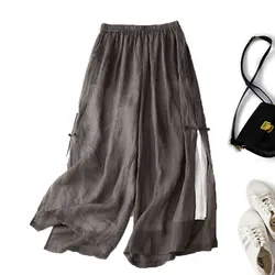 Gray Cotton Linen Casual Elastic High Waist With Lining Women's Pants Wide Leg Ankle-Length Pants For Women Clothing Fashion