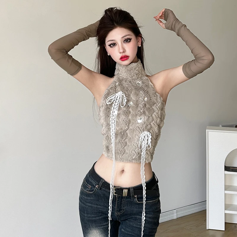 

Designer Gentle Style Soft Glutinous Fur Halter Turtleneck Vest Niche Bow Top