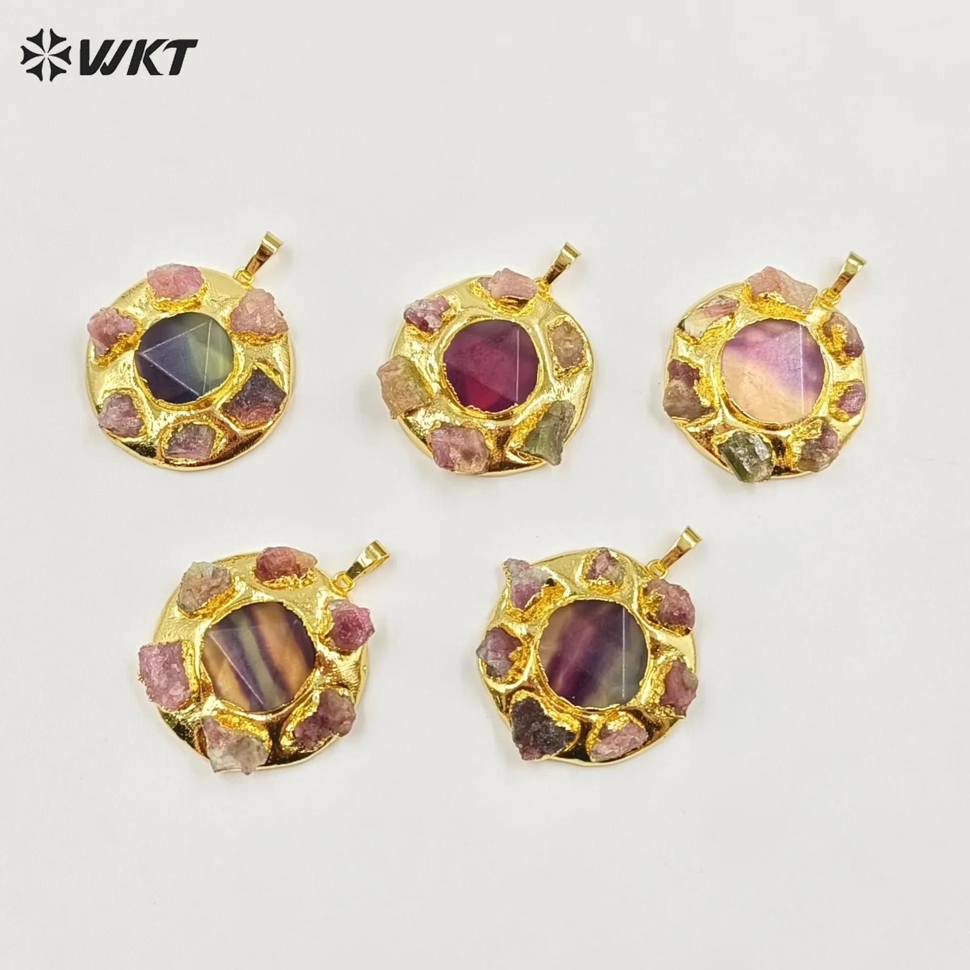 WT-P1942 WKT Exclusive 18K Real Gold Plated Big Round Raw Chunky Tourmaline Jewelry Pendant Freshwater Pearl Charms