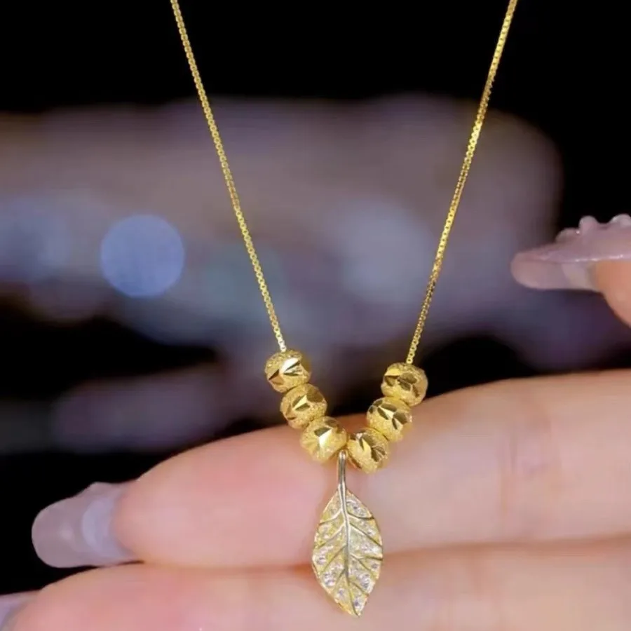 100% 24k Gold Necklace Chain, Real 999 Yellow Gold Zircon Leaf Pendant Necklace for Women Party Fine Jewelry Birthday Gift