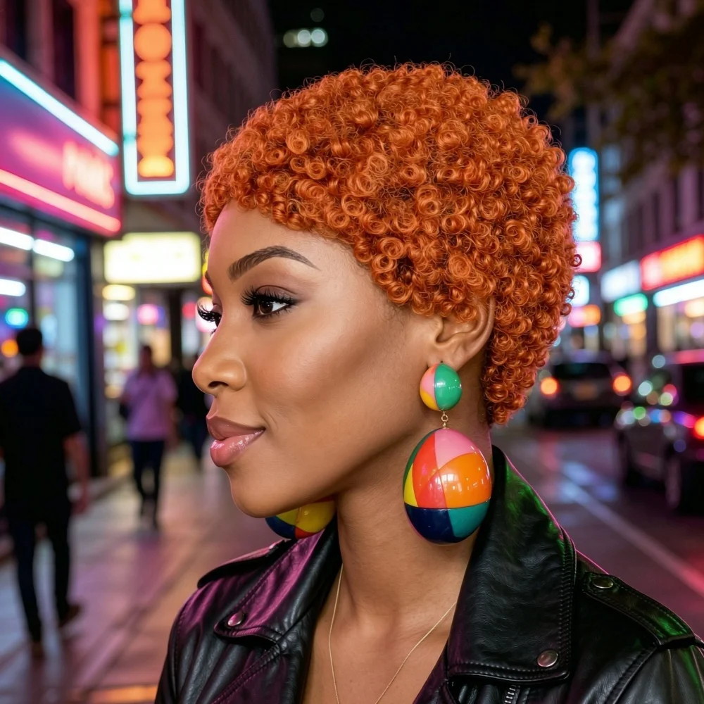 Full Machine Made Human Hair Pixie Wig, Ginger Orange Curly Short Human Hair Wig, Soft Bouncy Short Wig For Women Party Daily