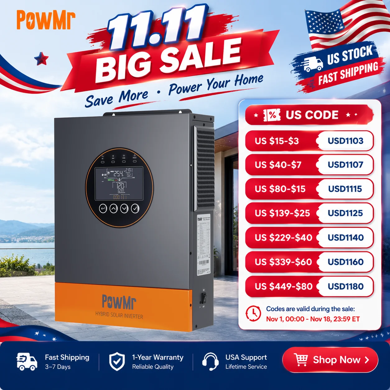 PowMr 4kW MPPT Solar Inverter 24V Off-Grid Pure Sine Wave UPS Max 500V PV Input for 24V LiFePO4 Battery Built in BMS RS485 CAN with Dual AC Output for Home RV Inversor