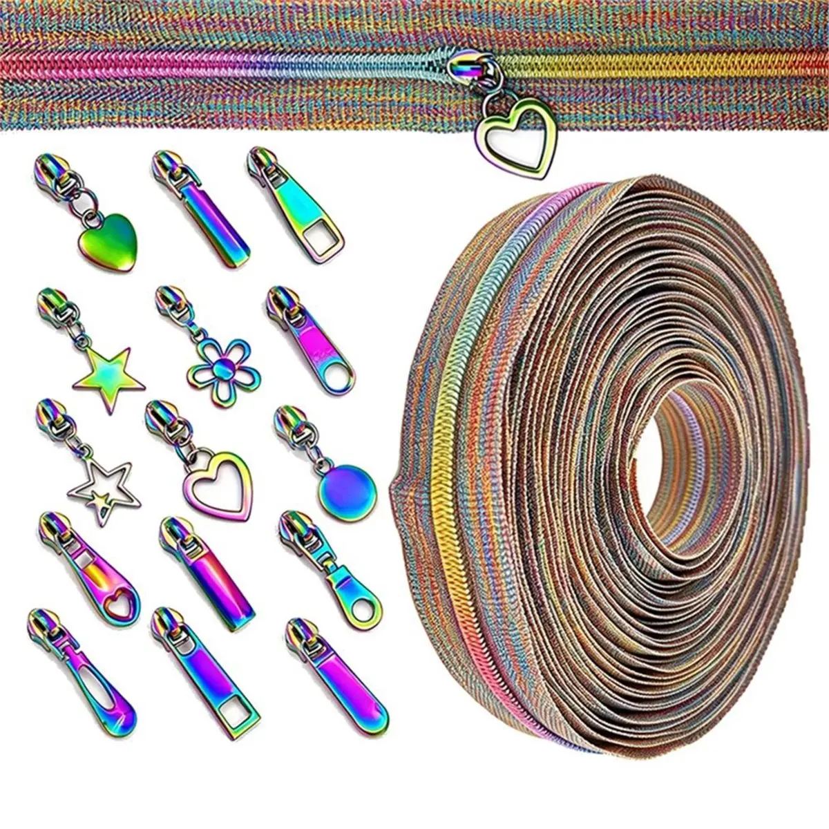 5 Rainbow Zippers for Sewing, 10 Yards Nylon Zipper Tape with 30 Rainbow Pulls for DIY Projects