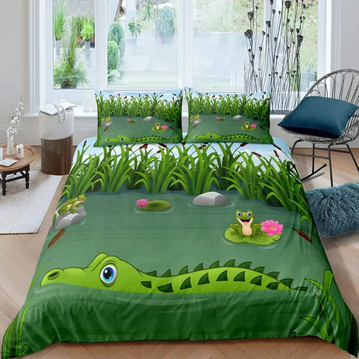 Green Frog Crocodile Bedding Duvet Cover for Kids Boys Girls Pond Lotus Flowers Cartoon Cute Animals Children Women Room Decor