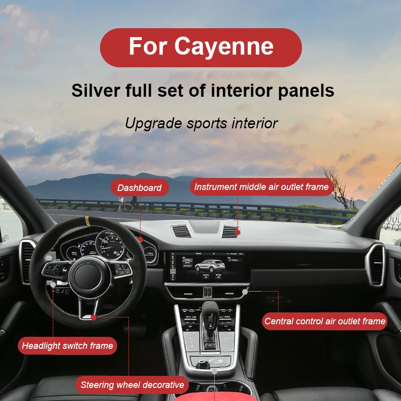 

For Porsche Cayenne 2018 2019 2020 2021 2022 2023 2024 Coupe Car Silver Dashboard Steering wheel Panel Interior Decoration Frame