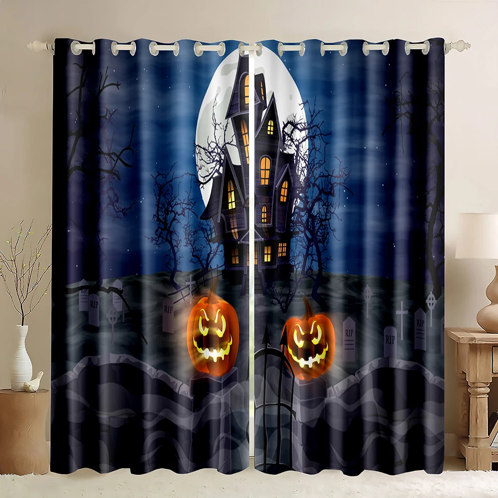 Halloween Blackout Curtains Pumpkin Spiders Bats Owls Cats All Saints Day Party Scary Maple Leaves The Witch Window Curtains