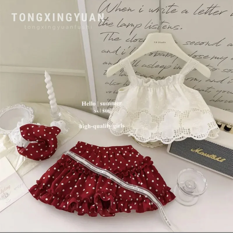 

2024Summer New Suit Cute Baby Girl Crochet Embroidery Polka Dot Skirt Pants Two-Piece Set