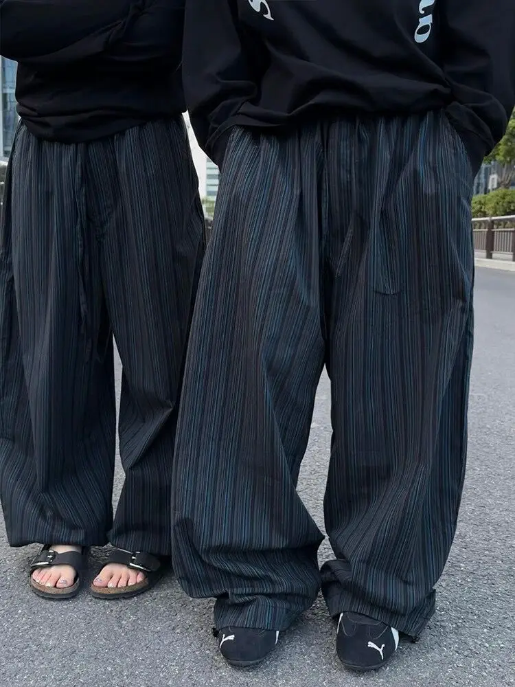 กางเกงขายาวทรงหลวมสไตล์อเมริกันเรโทร สีน้ำเงิน-ดำ ลายทางแนวตั้ง ผ้าฝ้าย สำหรับผู้ชายและผู้หญิง