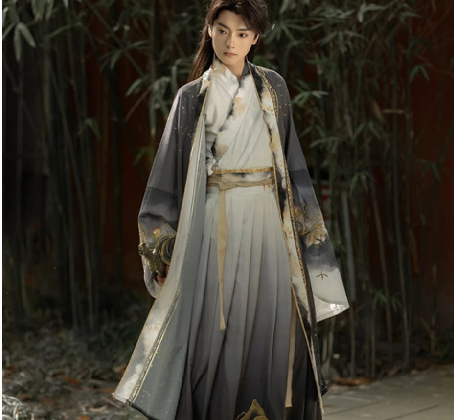 Hanfu gris estampado para hombre Wei Jin vintage, manga grande, exquisito bordado, ropa de rendimiento diario, vestido tradicional chino