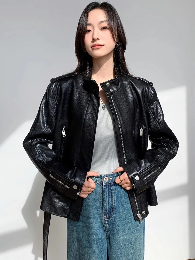 Black Short Genuine Leather Motorcycle Jackets for Women Spring Autumn High-end Simple Bubble Real Sheepskin Coat with Belt