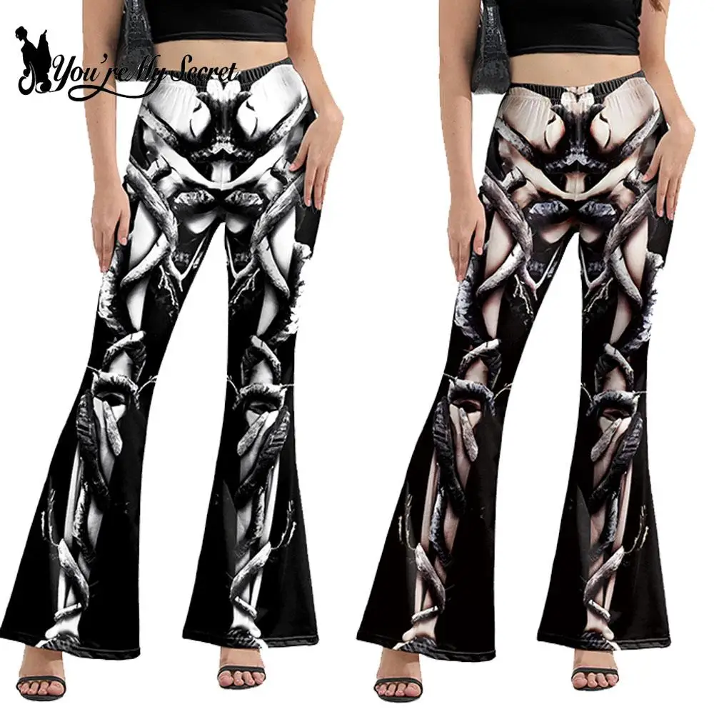 [You're My Secret] Halloween Cosplay Leggings for Women High Waist Slim Flared Pants Lady Skeleton Horror Printing Long Trousers