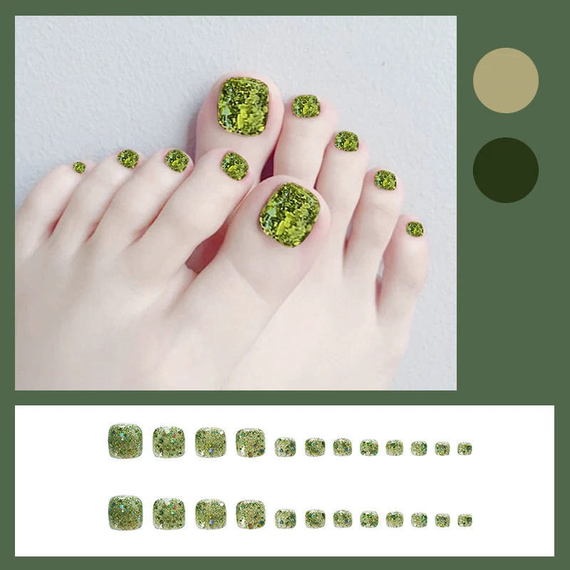 Fake Nails Green Flashing  Full Cover Matte White Toenails Artificial Foot Nails  For Nail Salons And DIY Nail Art