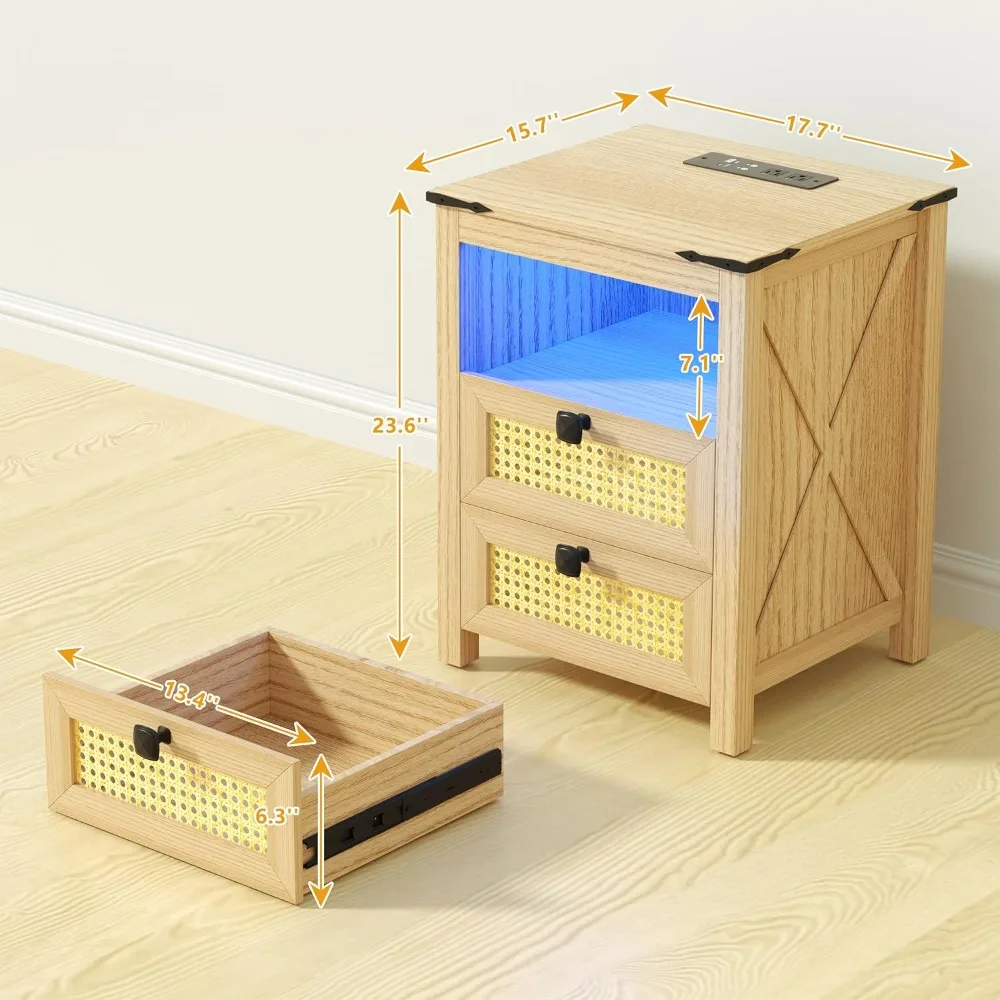 Bedroom Nightstand with Charging Station, LED Night Stand with Rattan Drawers, Modern Side End Table with Human Sensor Light