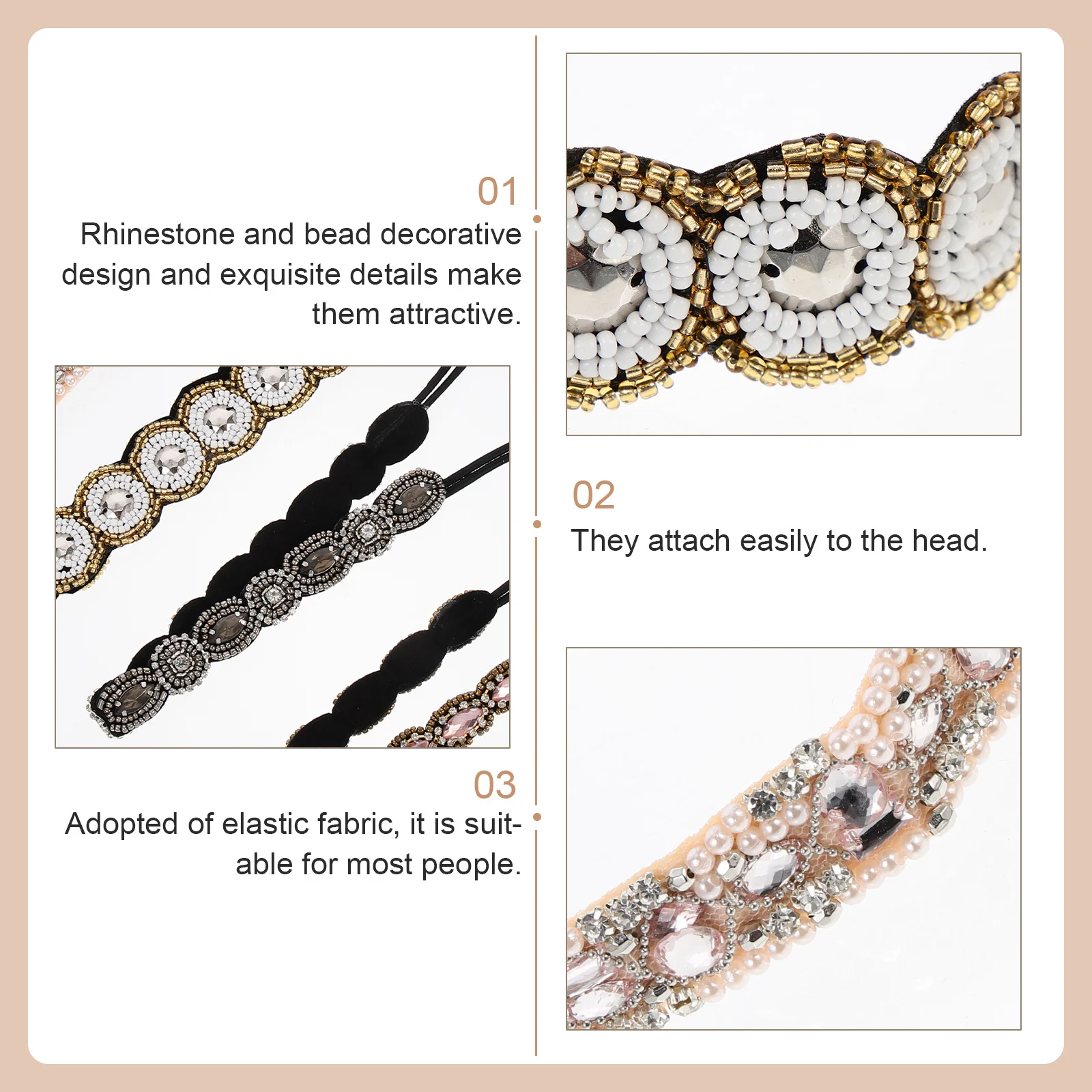 

4pcs Rhinestone Hair Accessories Beaded Elastic Headbands For Women Shiny Hairband Girl Head Wraps Not Pull Hair