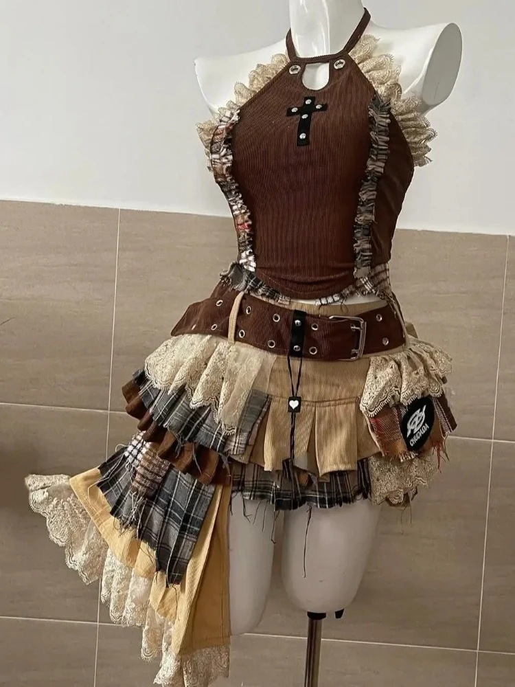 Women Gothic Two Piece Set Belted Strapless Top Ruffled Mini Skirt Suit Club Punk Style Irregular Layered Skirt Street Outfit image 5