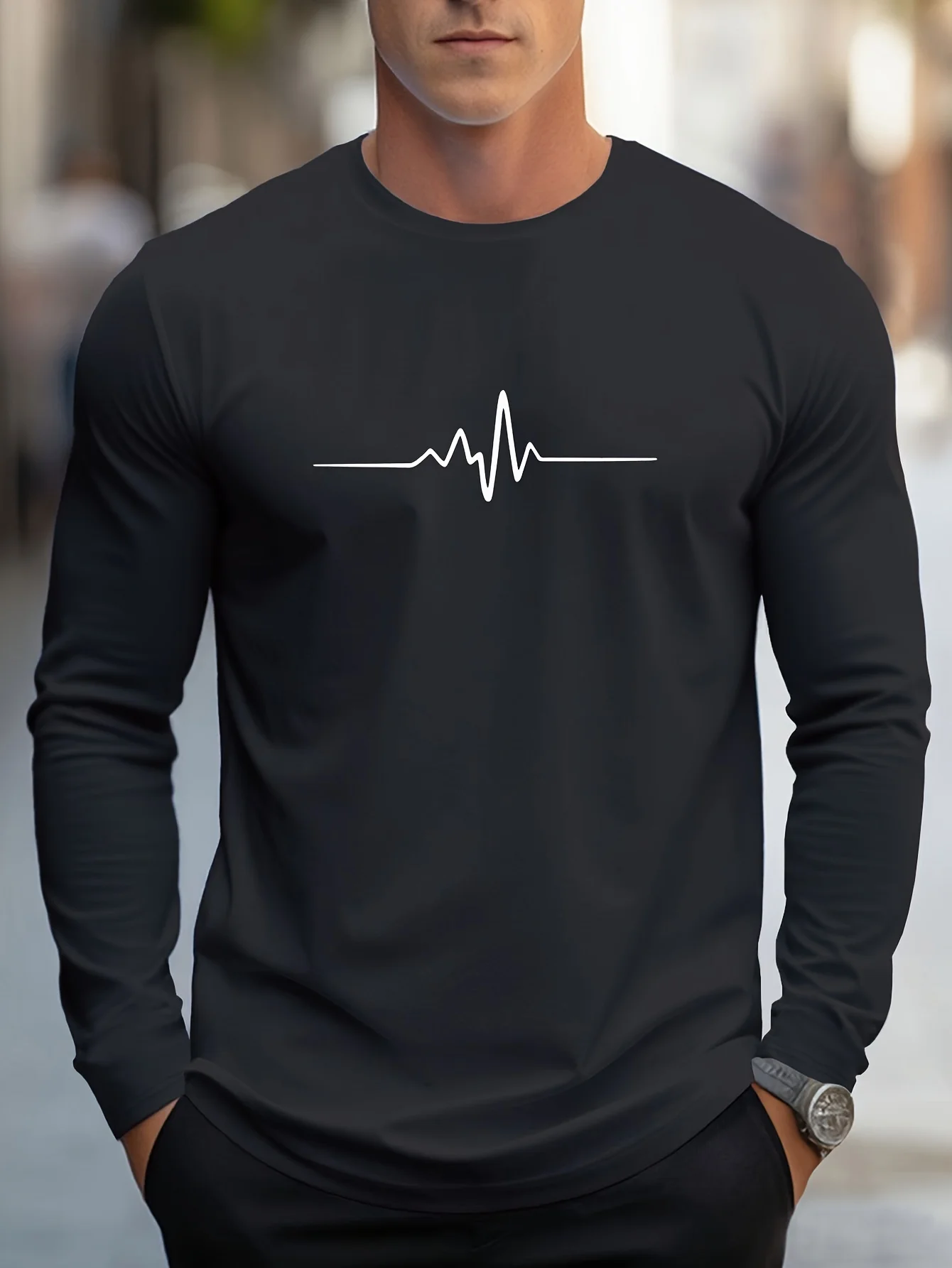 A nova camiseta masculina de manga comprida para primavera e outono 2025 é casual e confortável com impressão de padrão listrado 3D