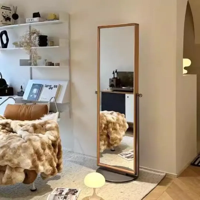 Medieval household movable solid wood full body mirror bedroom retro rotatable magazine full body mirror stainless steel floor