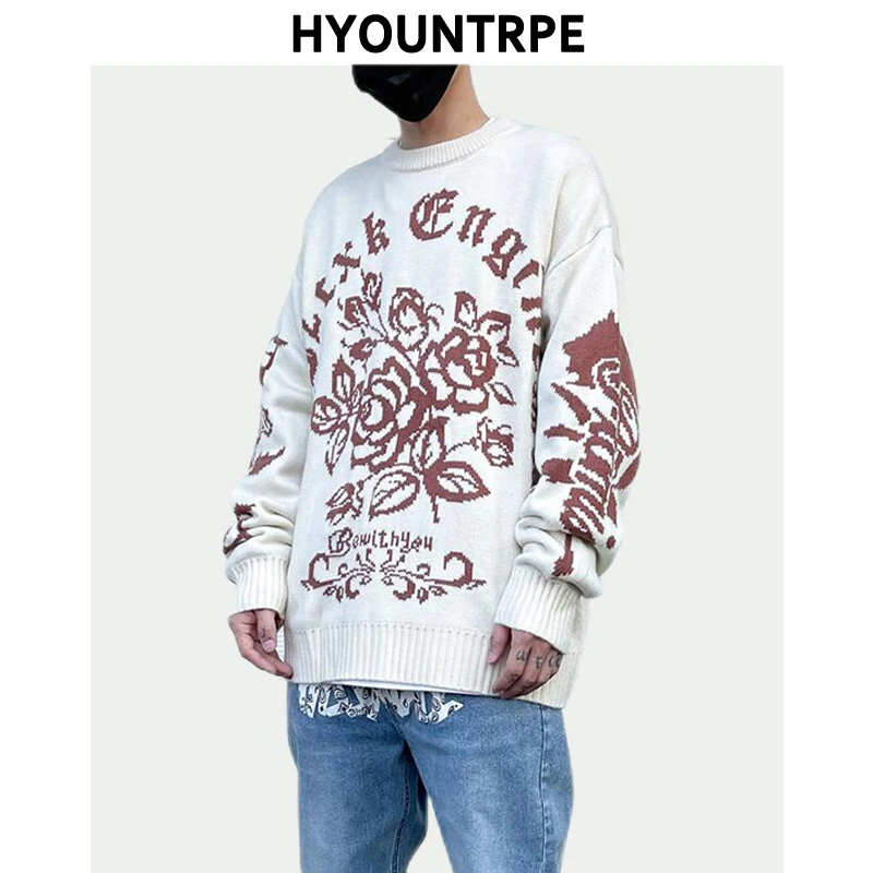 Harajuku Floral Pattern Knitted Pullover Jumper Sweaters Streetwear Hip Hop Casual Long Sleeve O-neck Knitwear Sweater Men Tops