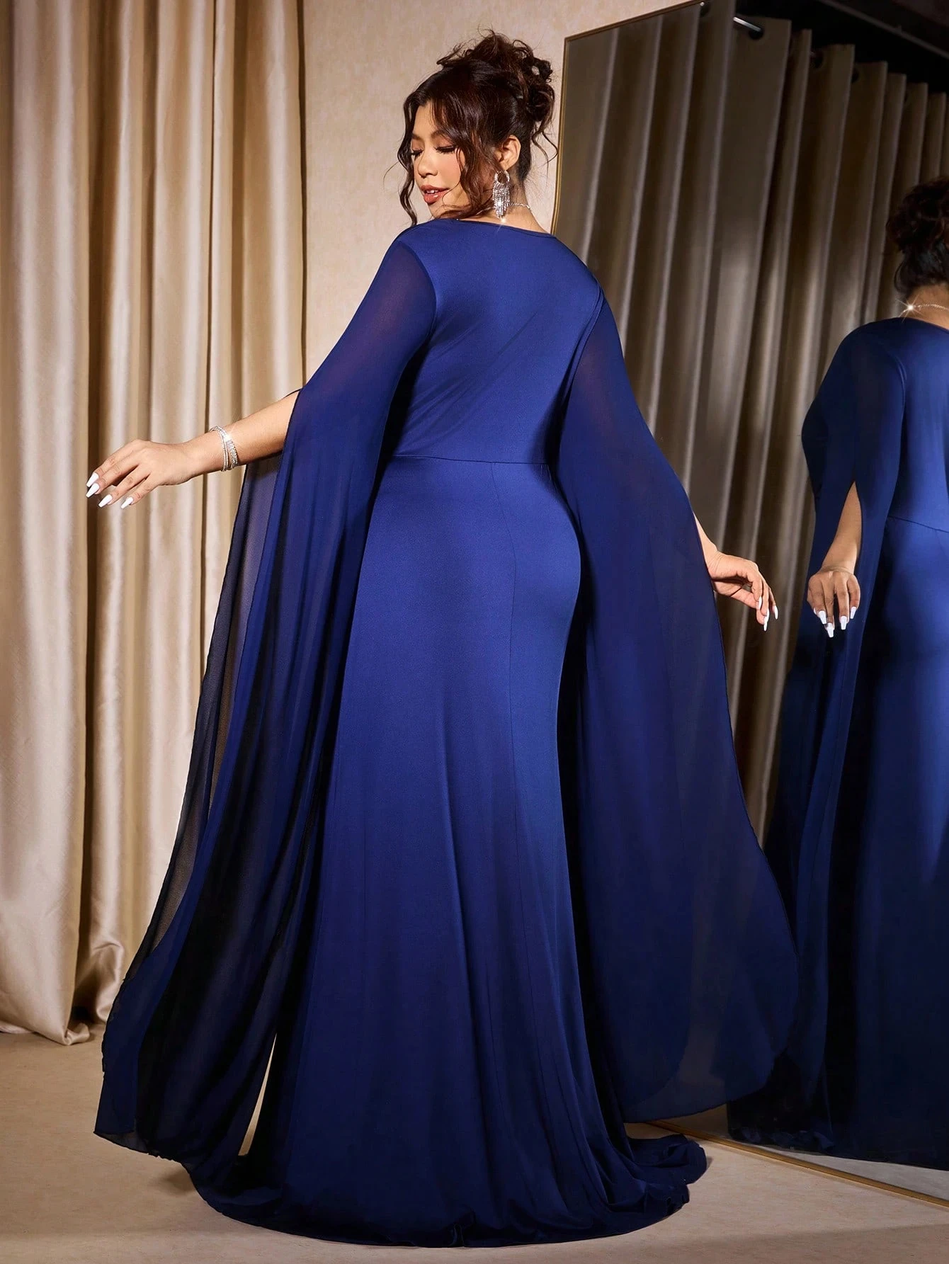 Plus Size Women`s Formal Evening Dress Spring Fall Blue Cape Sleeve Deep V Ruched Rhinestone Floor Length Maxi Dress Gala Party 3